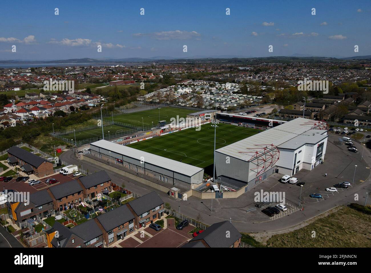 Una vista aerea del Mazuma Stadium, Morecambe, Regno Unito Foto Stock
