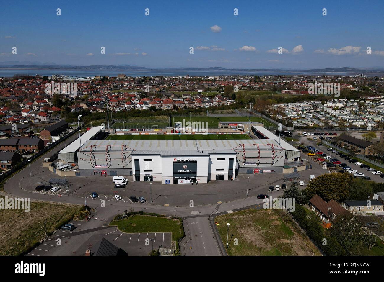 Una vista aerea del Mazuma Stadium, Morecambe, Regno Unito Foto Stock