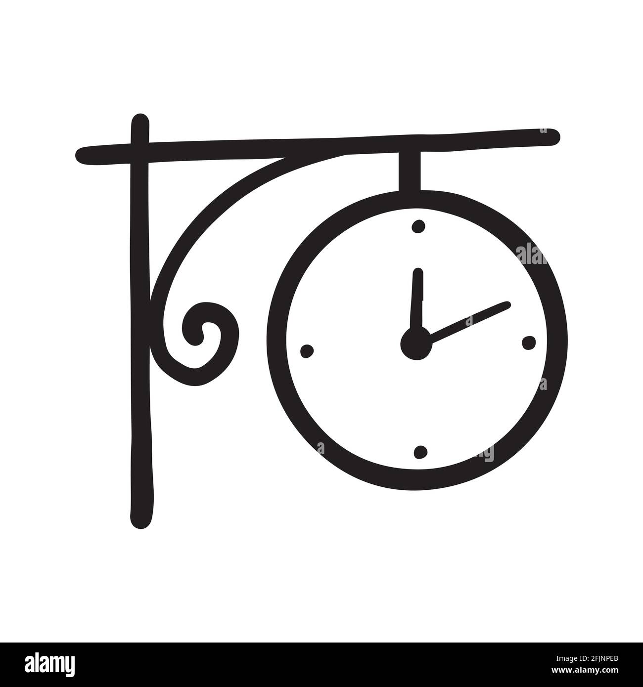 Cerchio semplice da esterno disegnato a mano icona orologio di colore nero. Stile di schizzo Doodle. Concetto di tempo, minuto, scadenza. Orologio con freccia su sfondo bianco Illustrazione Vettoriale