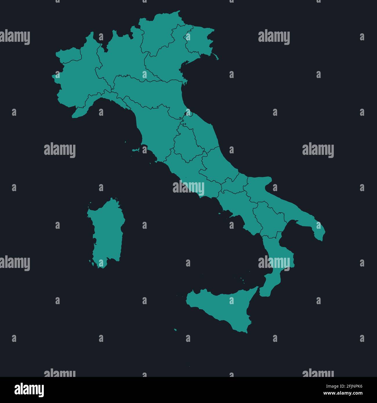 Italia Mappa molto dettagliata su sfondo blu scuro. Blu ciano, sfondo bianco crema. Sfondi digitali e sfondi Illustrazione Vettoriale