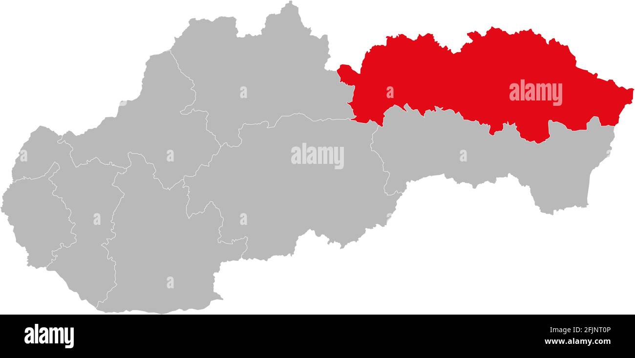 Regione di Presov isolata sulla mappa slovacca. Sfondo grigio. Sfondi e Sfondi. Illustrazione Vettoriale