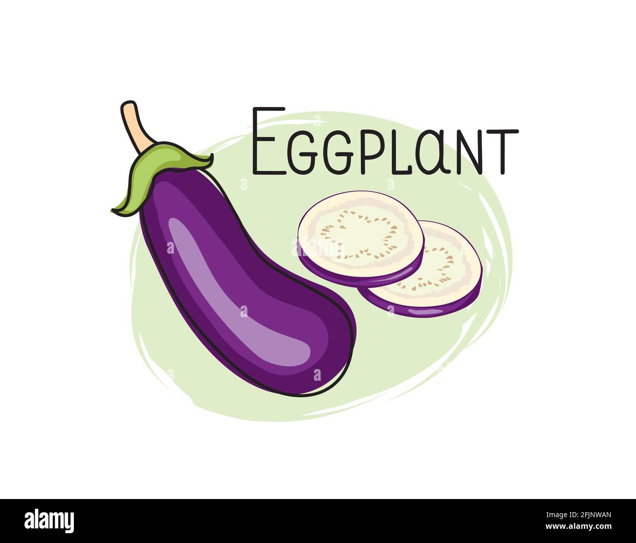 Icona melanzane. Mezzo, fetta e melanzana piena isolato su sfondo bianco con scritta Eggplant. Vegetale elegante simbolo disegnato melanzane Illustrazione Vettoriale