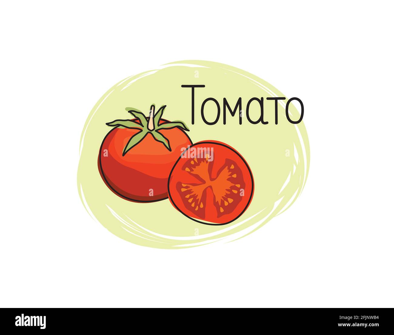 Icona di pomodoro rossa. Pomodoro pieno e affettato isolato su fondo bianco con scritta Tomato. Pomodoro con elegante disegno vegetale Illustrazione Vettoriale
