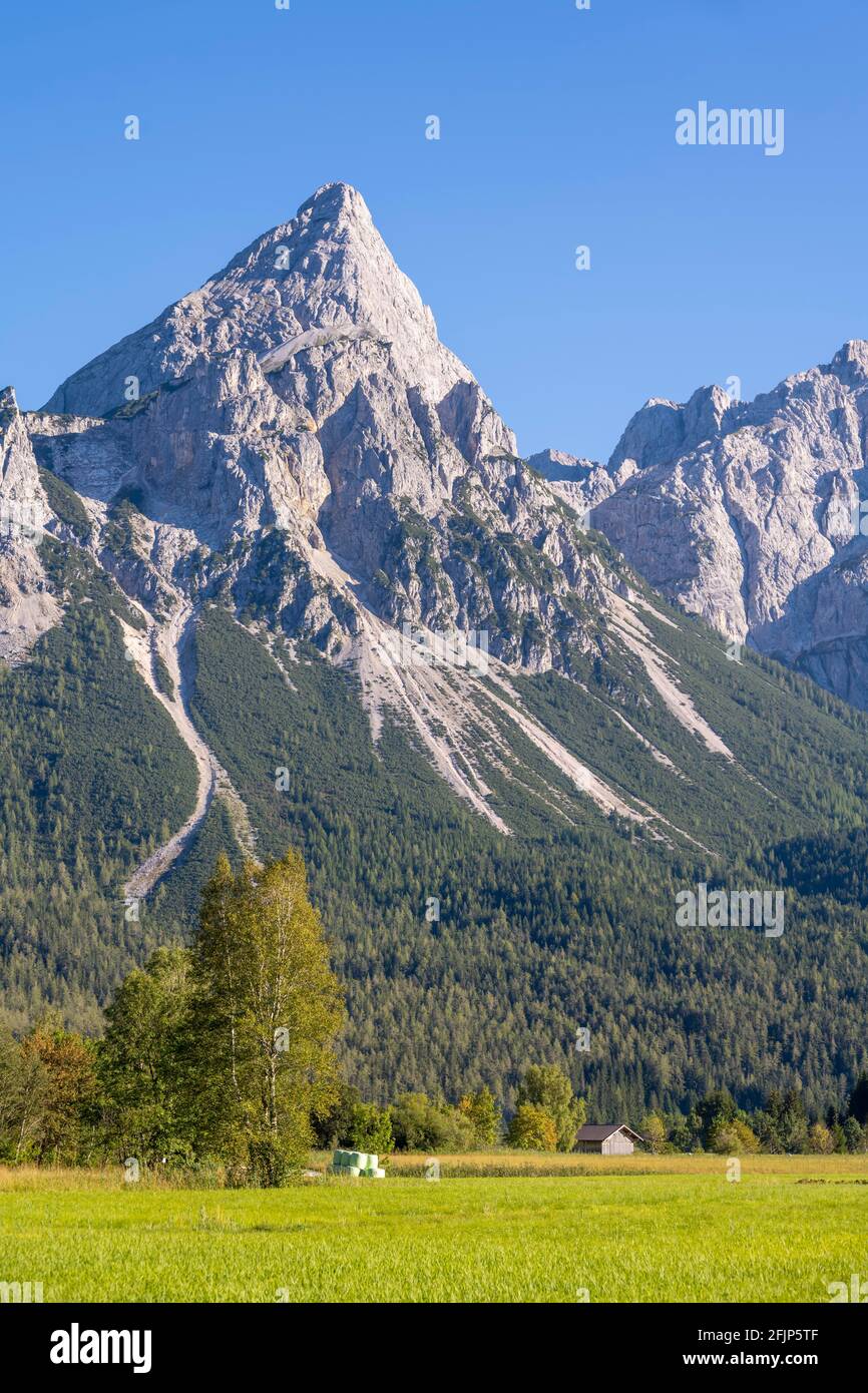 Vista, pista ciclabile Via Claudia Augusta, Ehrwalder Sonnenspitze sul retro, attraversamento delle Alpi, paesaggio montano, Alpi, Ehrwalder Becken, Vicino a Ehrwald Foto Stock