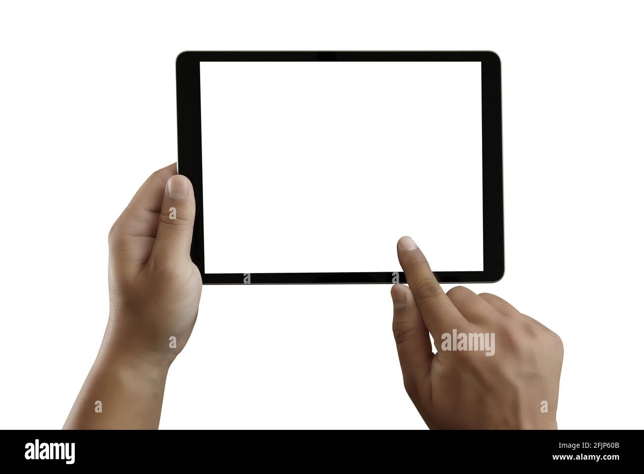 uomo usa le mani del tablet vicino mani multitasking tablet vuoto Computer tablet digitale con schermo bianco Foto Stock