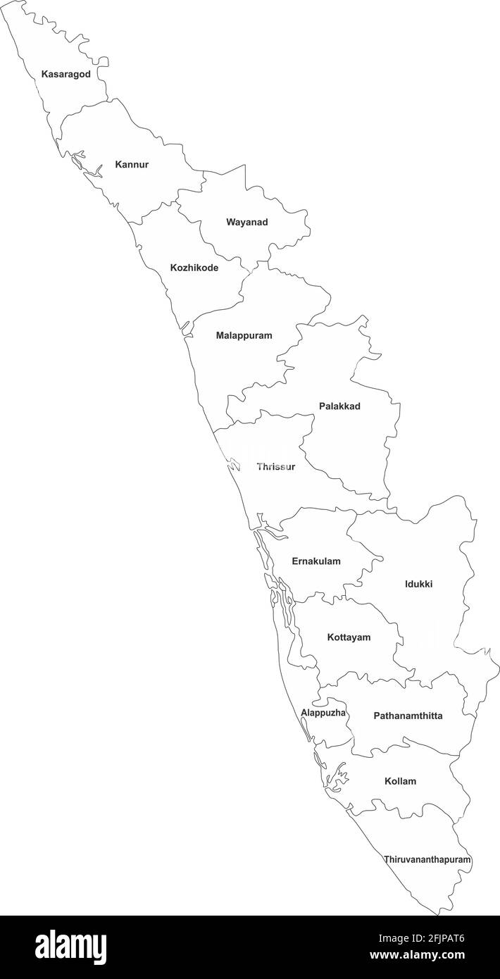 Mappa politica del Kerala con le etichette dei nomi. Sfondo bianco. Illustrazione Vettoriale