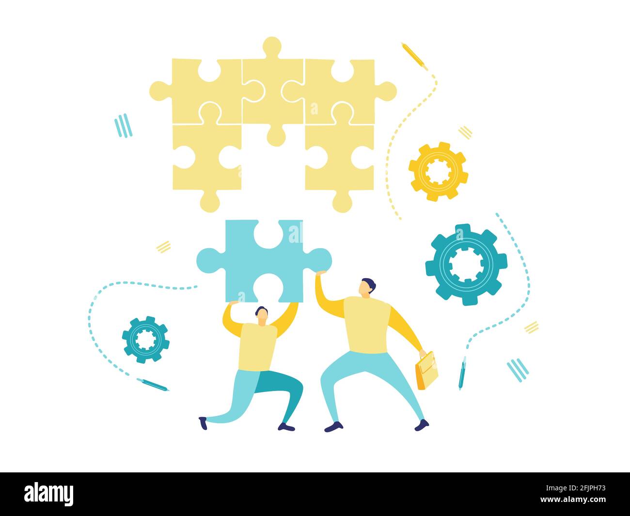 Illustrazione piatta di due uomini d'affari che tengono un puzzle da organizzare. Concetto di uomo d'affari con pezzo di puzzle mancante jigsaw. Illustrazione Vettoriale