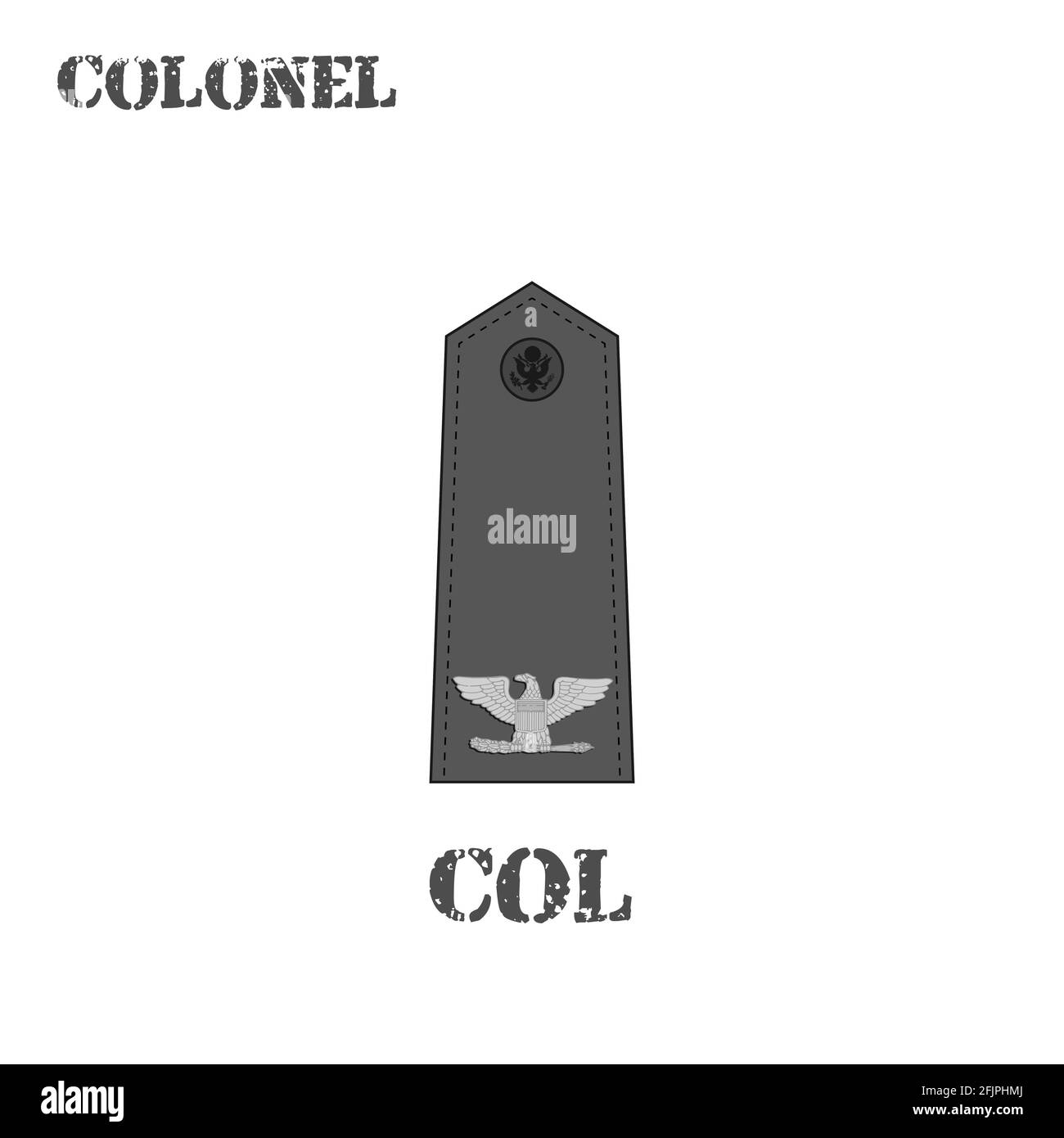 Icona vettoriale realistica del chevron del colonnello dell'esercito degli Stati Uniti. Descrizione e nome abbreviato. Illustrazione Vettoriale