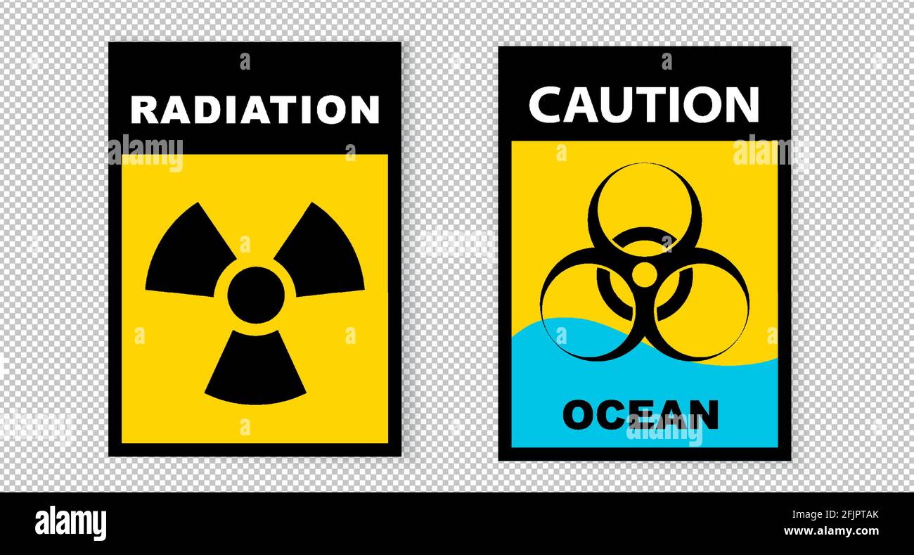 Segnale di radiazione. Iscrizione nera su sfondo giallo. Illustrazione del vettore di pericolo di radiazioni d'acqua. A4 cartello giallo di pericolo biologico Illustrazione Vettoriale