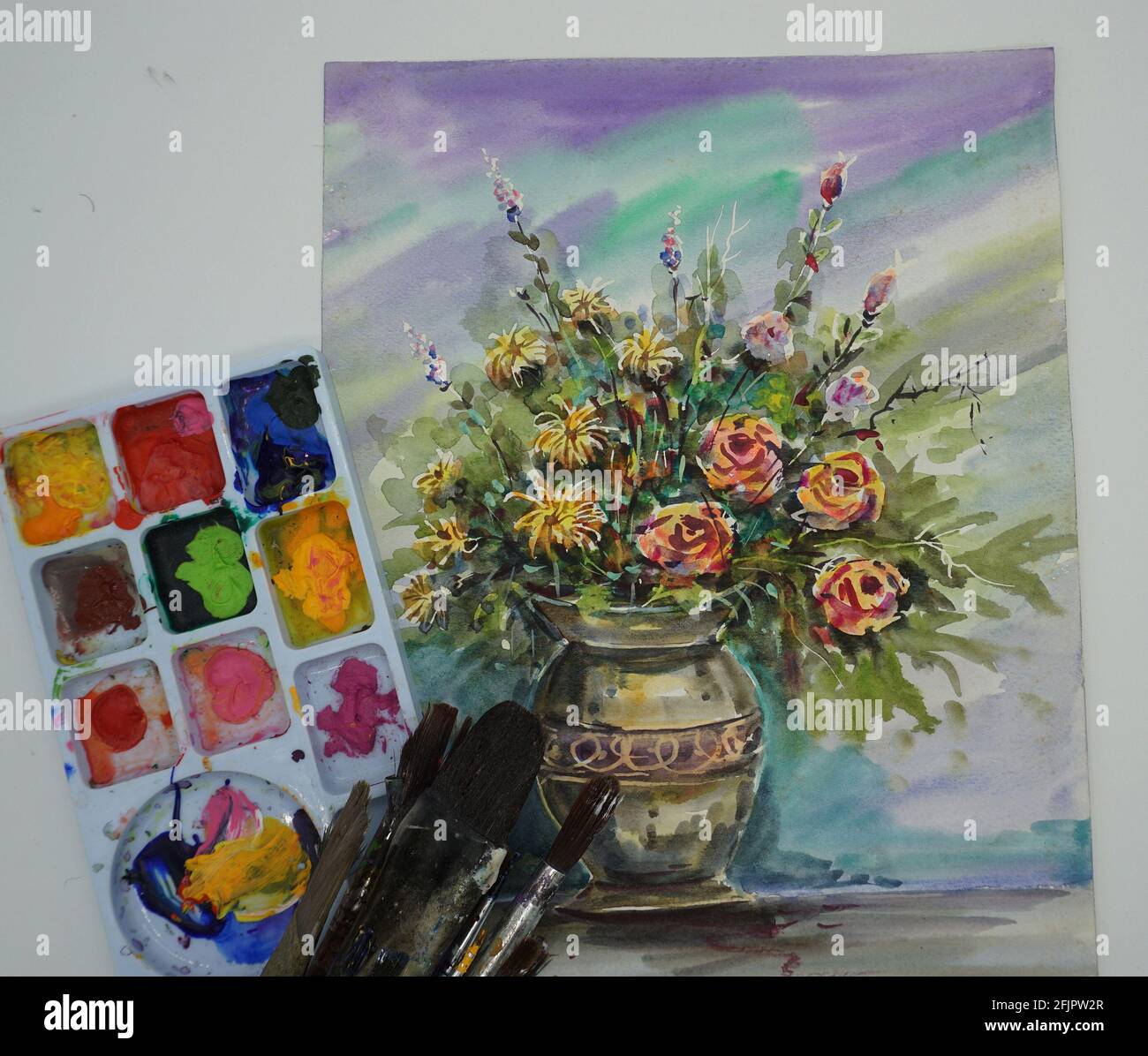 Pittura acquerello classe d'arte, fiori in vaso Foto Stock