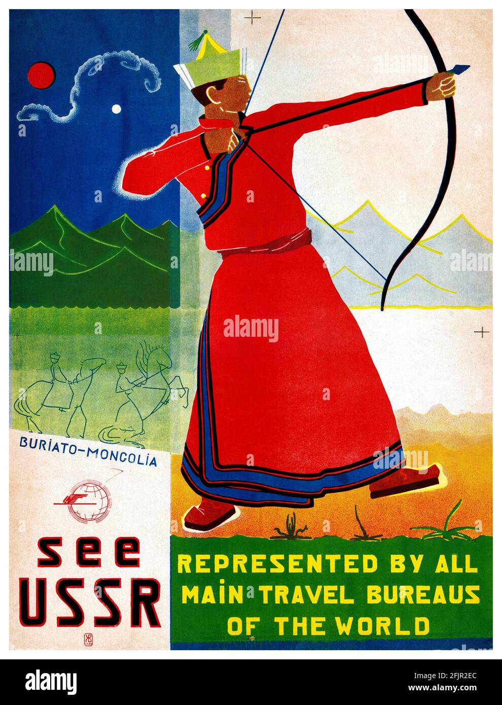 Buriato-Mongolia. Vedi URSS di Valerian Zhitenev (1902-1974). Restaurata poster vintage pubblicato nel 1934 in URSS. Foto Stock