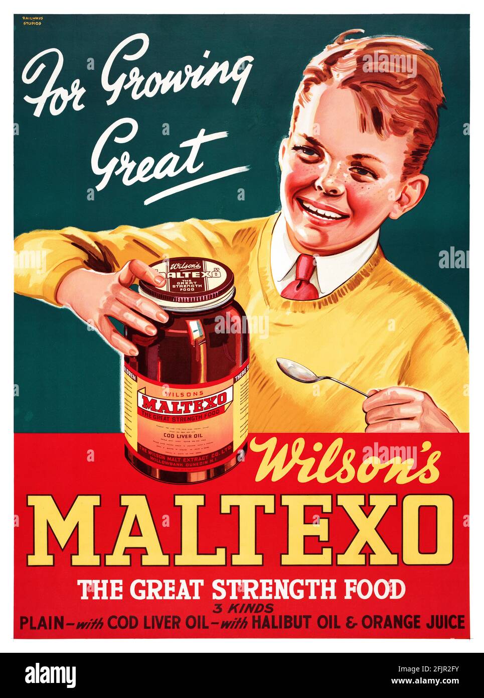 Wilson's Malteso: For Growing Great by Railways Studios. Poster vintage restaurato pubblicato circa 1940 in Nuova Zelanda. Foto Stock