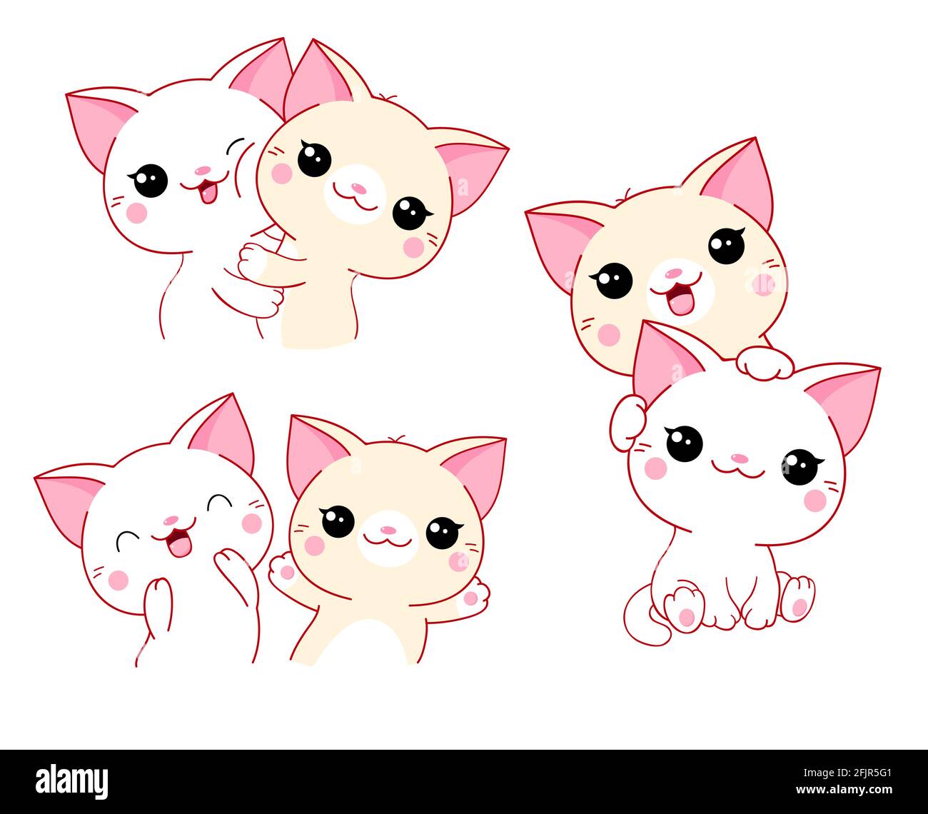 Set di gatti kawaii. Due simpatici amici gattini stanno abbracciando e giocando. Illustrazione vettoriale EPS8 Illustrazione Vettoriale