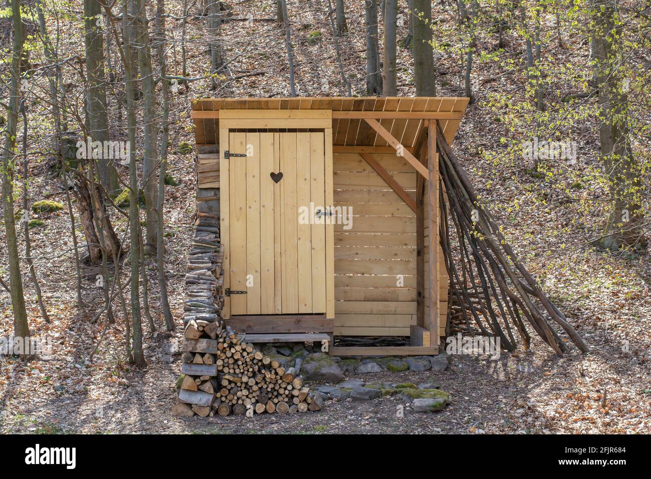 servizi igienici rustici in legno nella foresta con un buco a forma di cuore nelle tavole delle porte. Attico in legno nella natura. Foto Stock