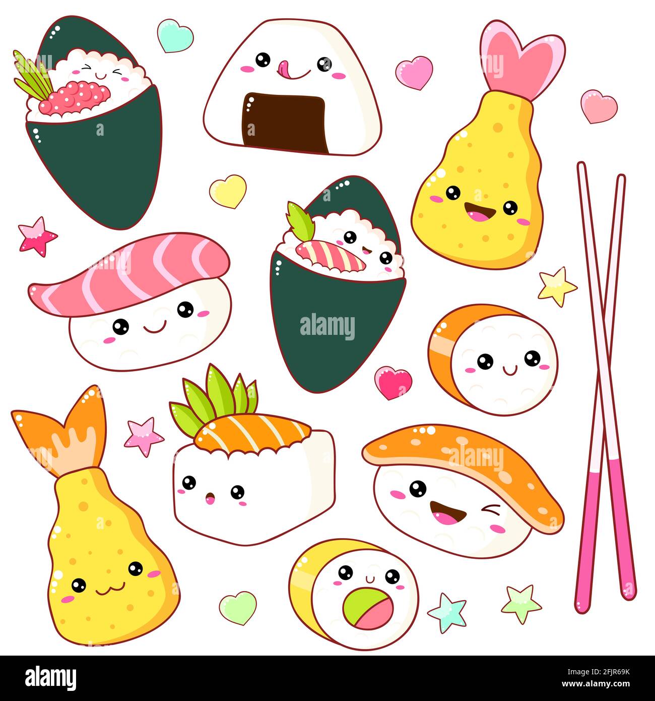 Set di simpatiche icone sushi e Rolls in stile kawaii con volto sorridente e guance rosa. Piatti della cucina tradizionale giapponese. Temaki, tempura, nigiri, tam Illustrazione Vettoriale