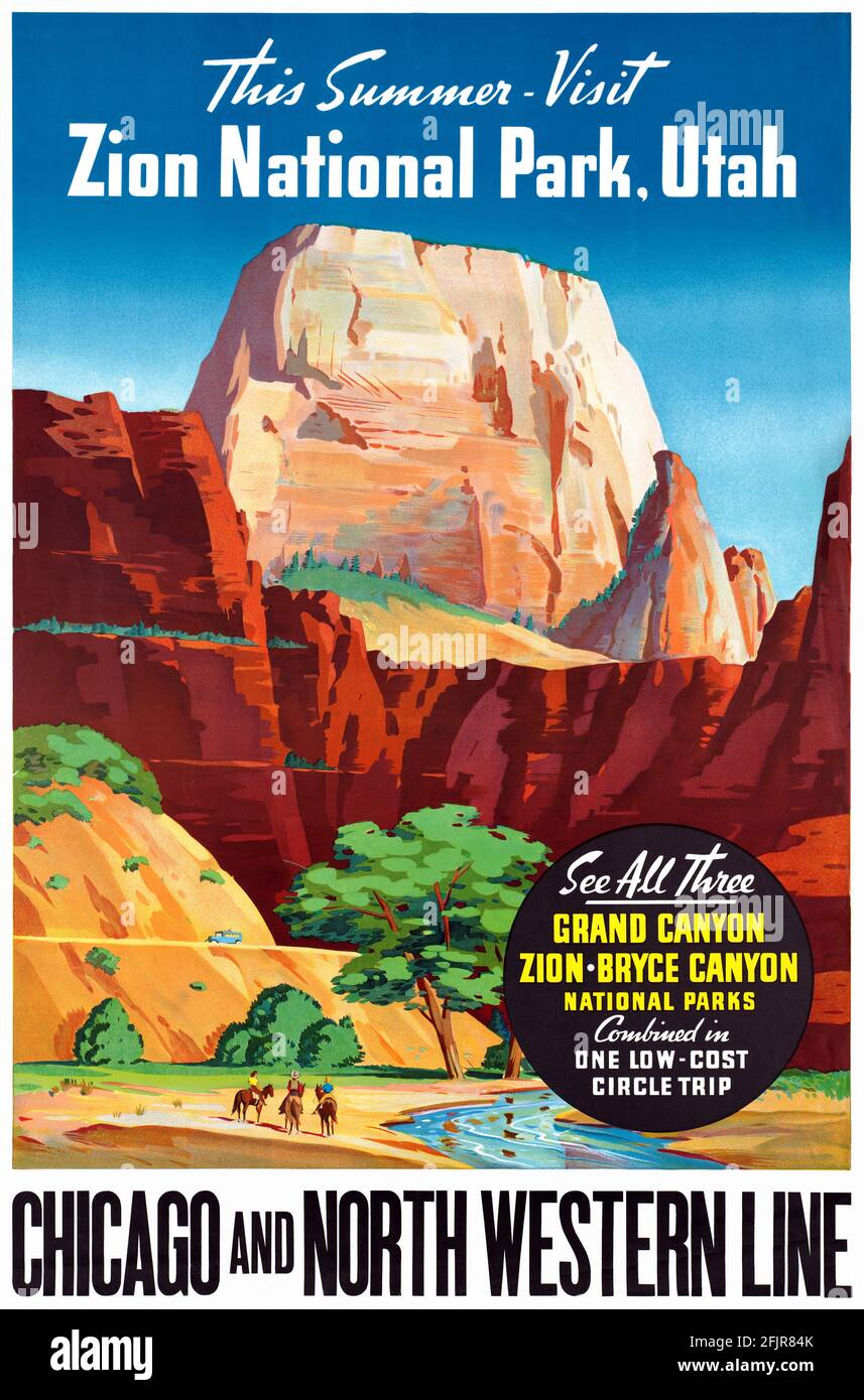Quest'estate visiterete il Parco Nazionale di Zion, Utah. Artista sconosciuto. Poster vintage restaurato pubblicato negli anni '30 negli Stati Uniti. Foto Stock