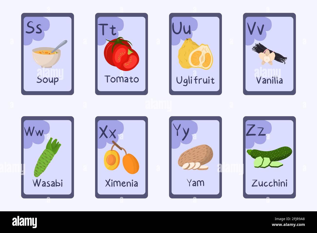 Lettera alfabetica colorata S, T, U, V, W, X, Y, Z - zuppa, pomodoro, frutta ugli, Vanilla, wasabi, ximenia, yam zucchini carte a tema alimentare per l'insegnamento con alimenti frutta frutta frutta frutta Illustrazione Vettoriale