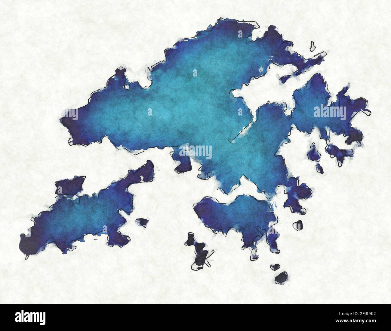 Mappa di Hongkong con linee tracciate e illustrazione blu dell'acquerello Foto Stock