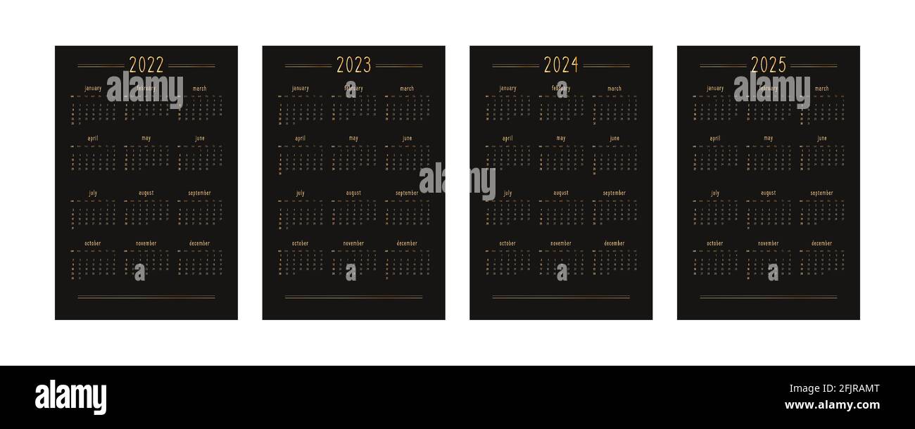 calendario 2022 2023 2024 2025 per agenda personale pianificatore, oro su nero lusso ricco stile. Formato verticale verticale. La settimana inizia la domenica Illustrazione Vettoriale