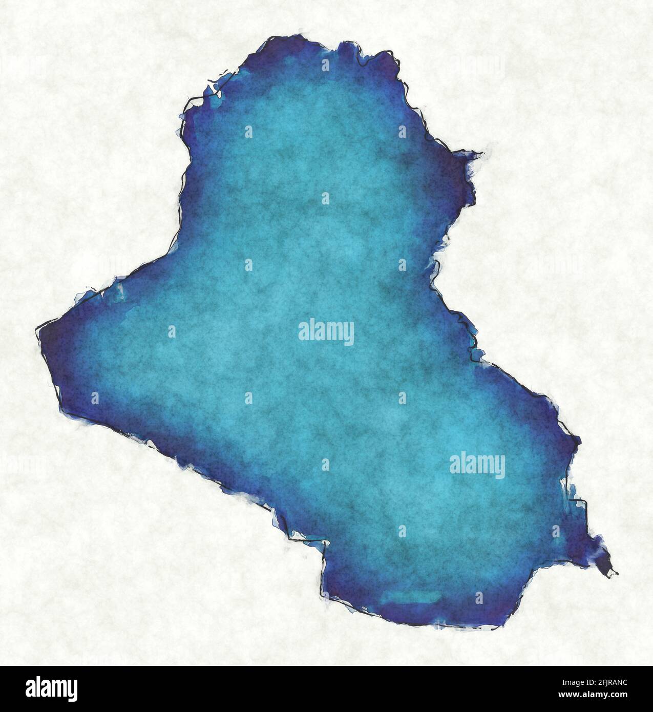Mappa dell'Iraq con linee tracciate e illustrazione blu dell'acquerello Foto Stock