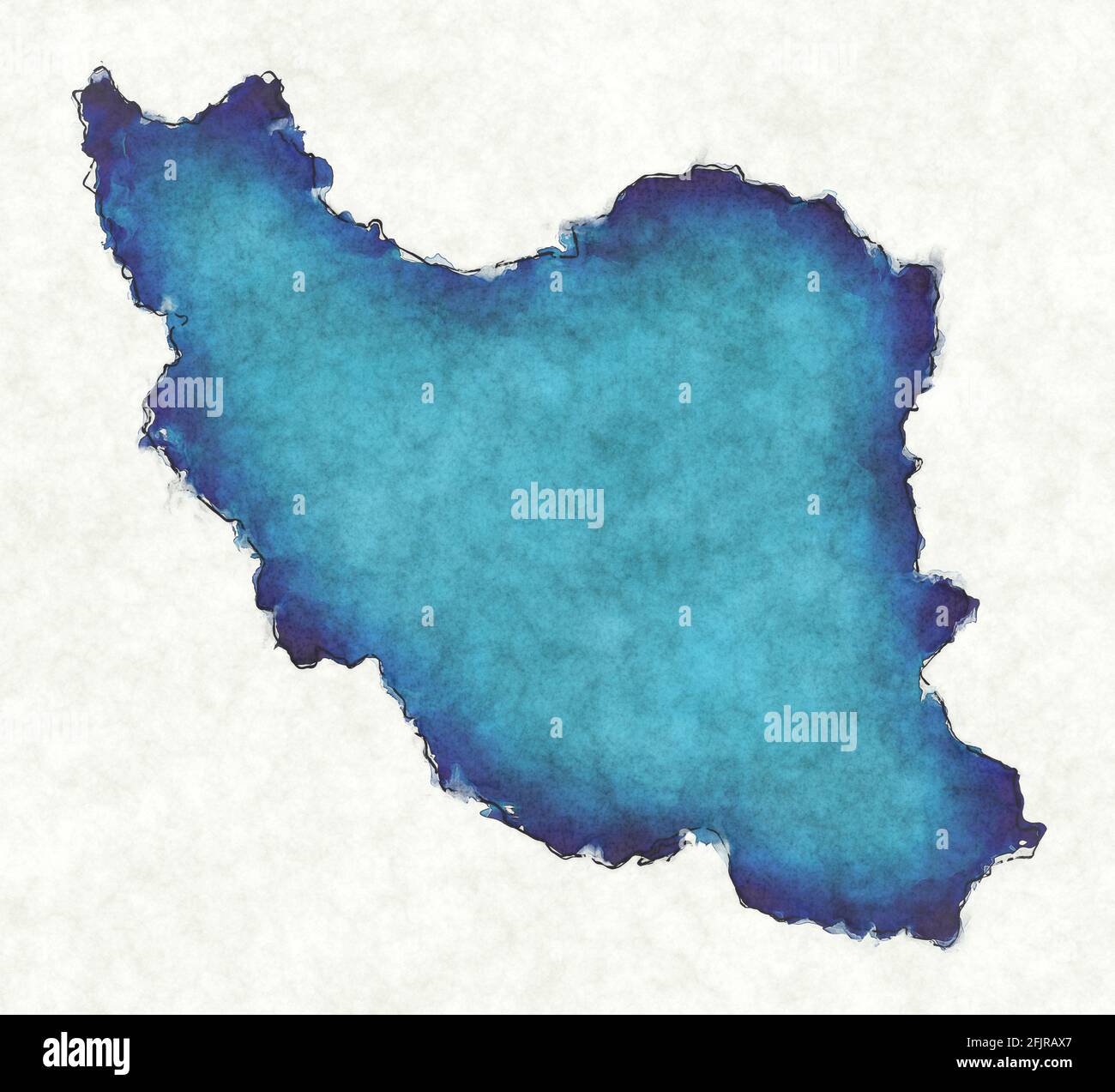 Mappa dell'Iran con linee tracciate e illustrazione blu dell'acquerello Foto Stock