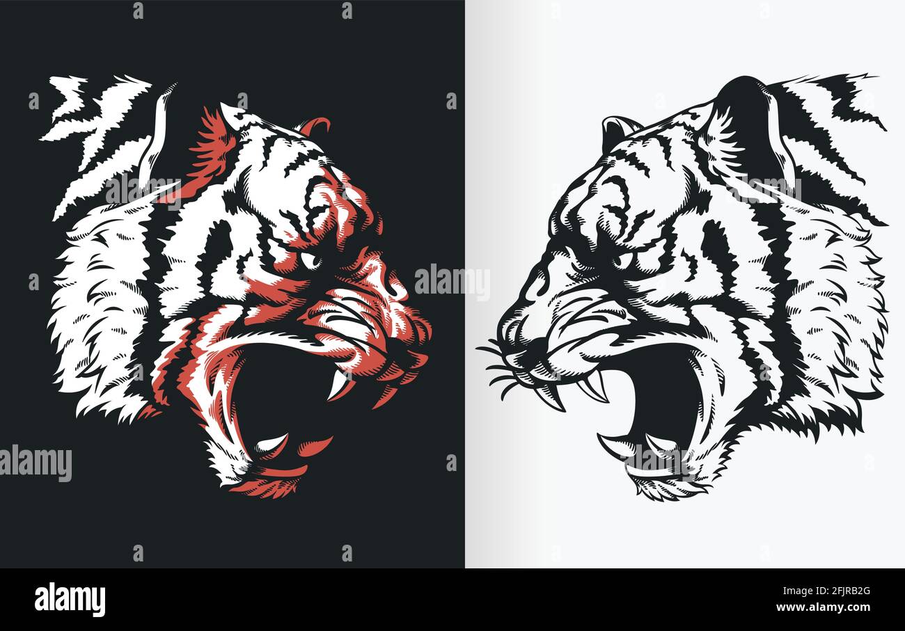 Silhouette Tiger Head Roaring Vista laterale Stencil Vector Drawing Illustrazione Vettoriale