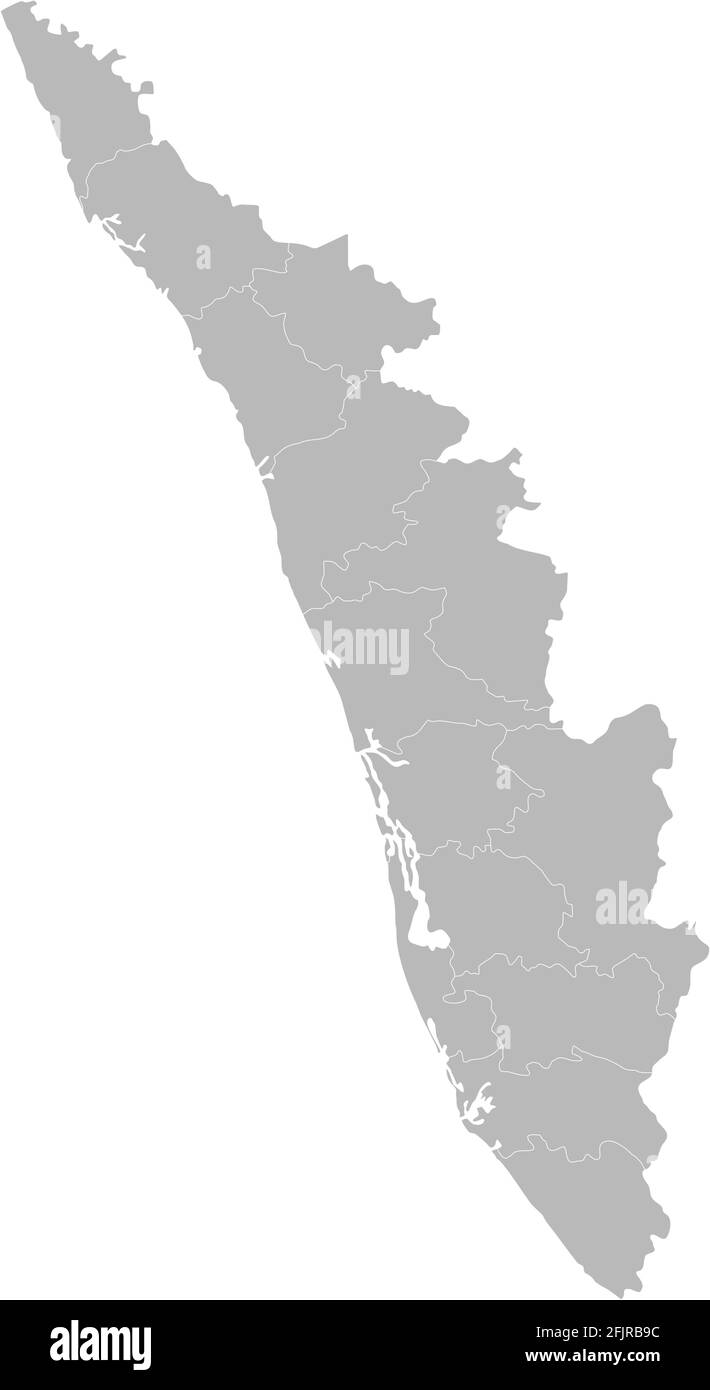 Mappa dei distretti del Kerala. Stato indiano. Sfondo grigio. Perfetto per sfondi, sfondo, striscioni, adesivi, etichette, poster, cartografia e sfondi. Illustrazione Vettoriale