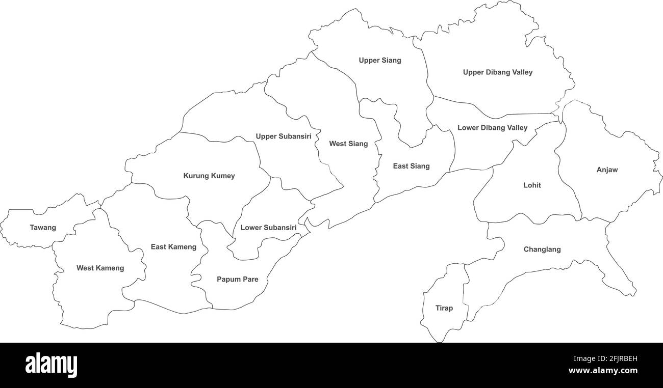Mappa dei distretti di Arunachal pradesh con le etichette dei nomi. Sfondo bianco. Illustrazione Vettoriale