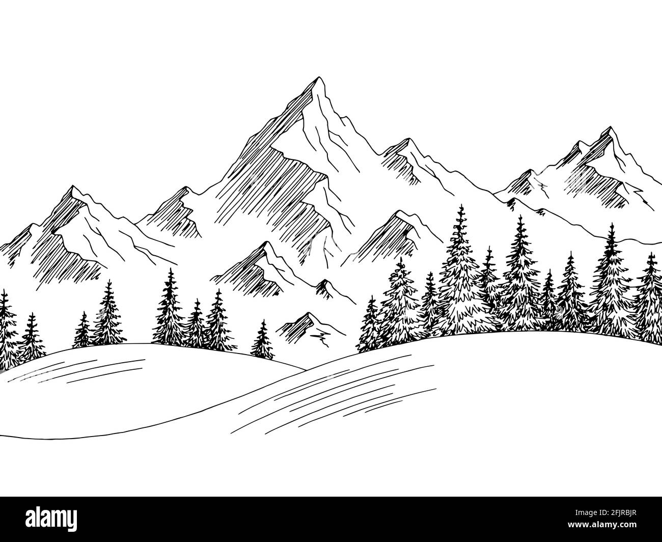 Mountain Hill grafico nero bianco disegno paesaggio vettore illustrazione Illustrazione Vettoriale