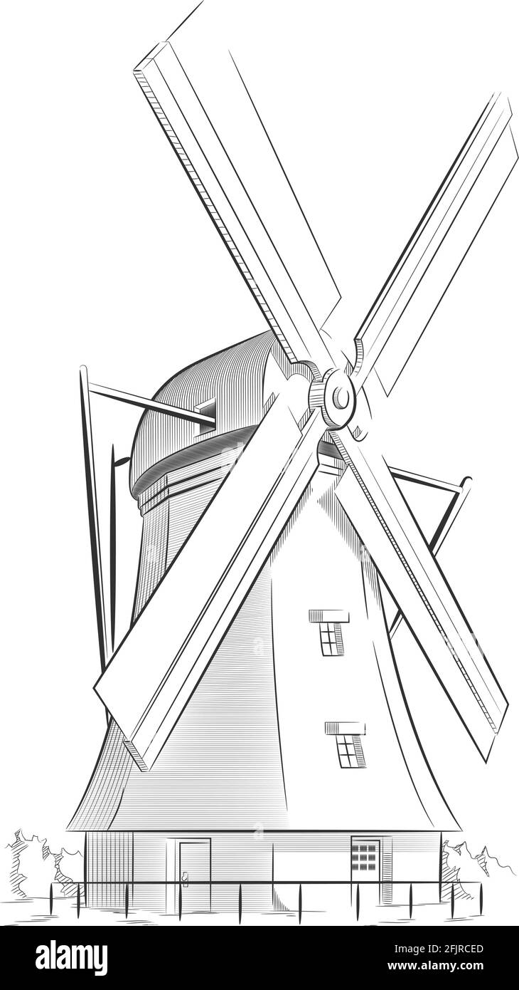 Schizzo Doodle Dutch Windmill Landmark Holland Destination Outline Illustrazione Vettoriale