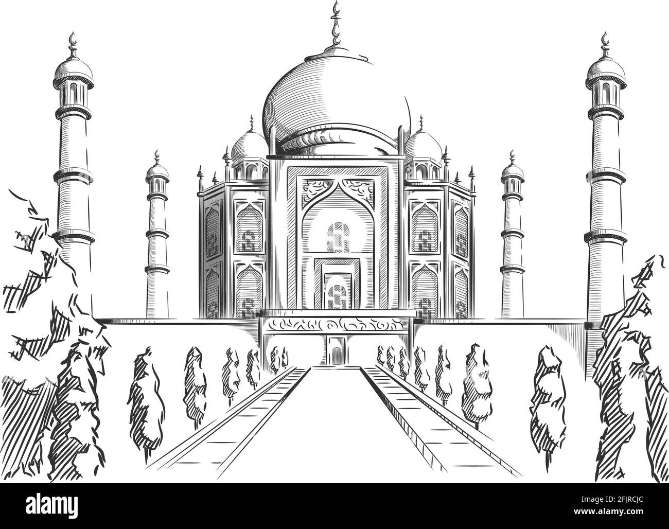 Schizzo Doodle Taj Mahal Landmark India destinazione contorno vettore Illustrazione Vettoriale