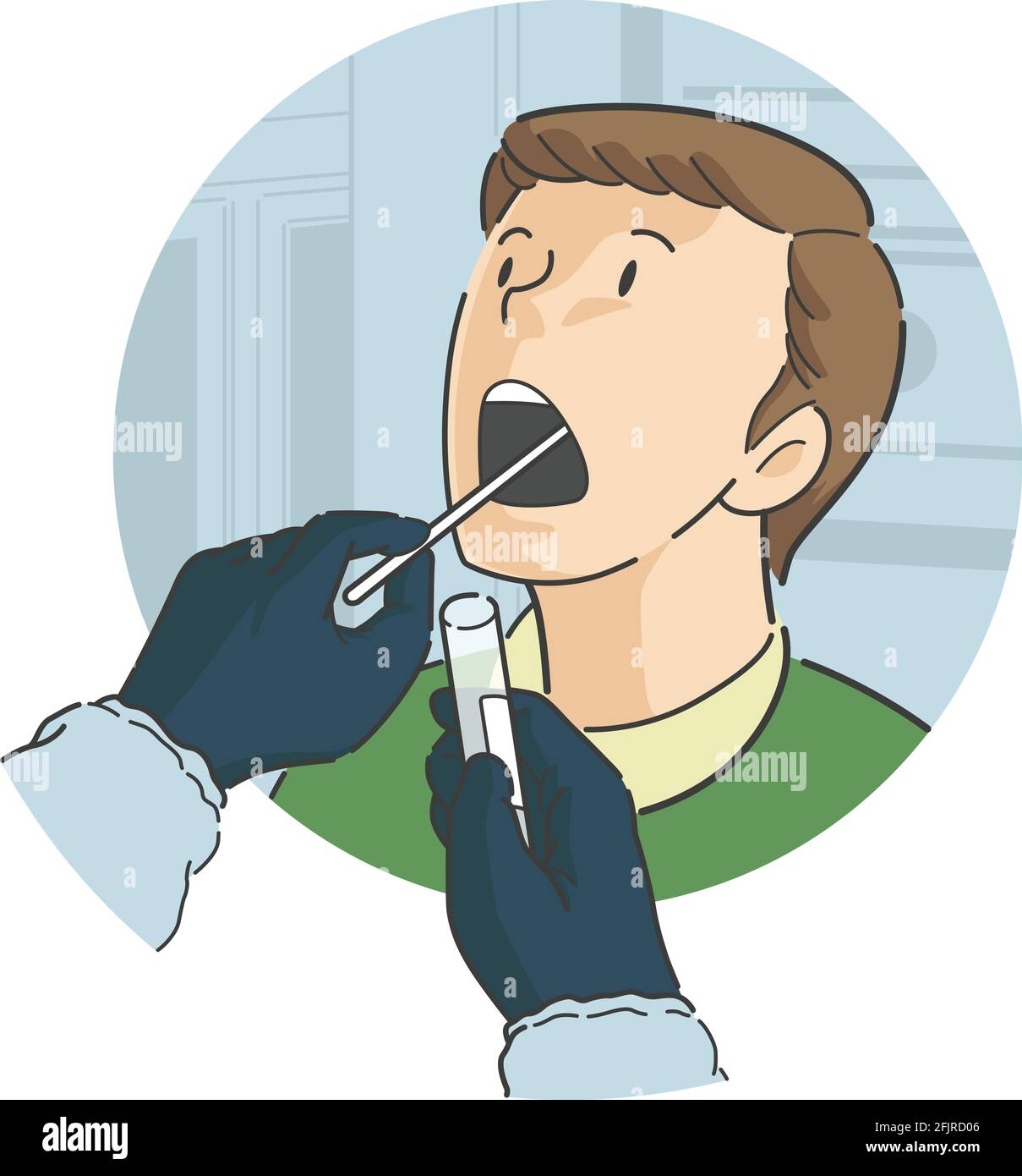 Test con tampone per gola su paziente maschio Vista frontale Cartoon Illustrazione Illustrazione Vettoriale