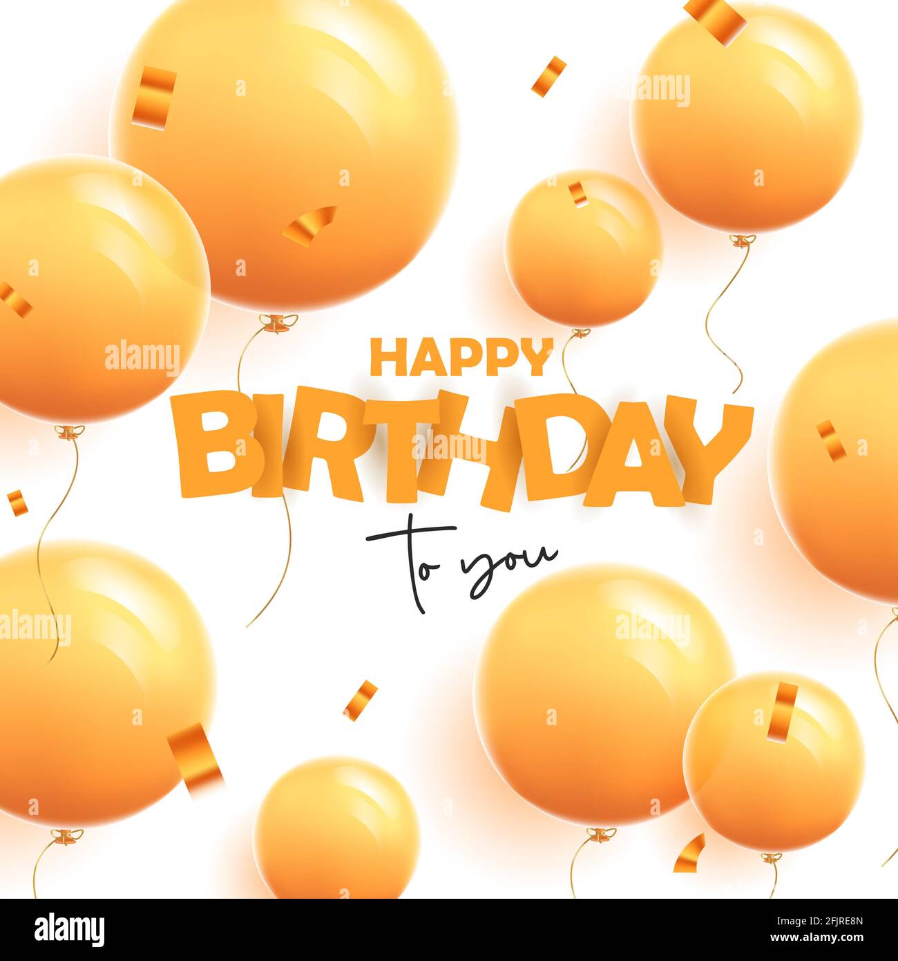 Buon banner di auguri di compleanno con moderni palloncini gialli monocromatici 3d su sfondo giallo con confetti, cartoon graphic Illustrazione Vettoriale