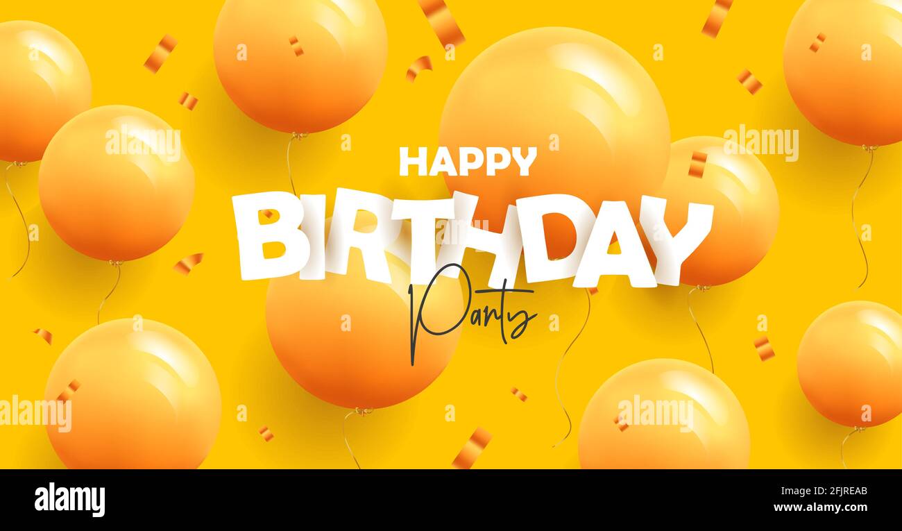 Buon banner di auguri di compleanno con moderni palloncini gialli monocromatici 3d su sfondo giallo con confetti, cartoon graphic Illustrazione Vettoriale