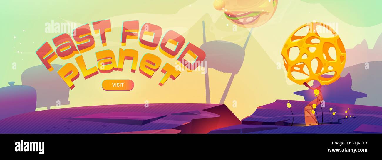 Fast food pianeta cartoon Landing page con Burger sfera su paesaggio alieno con bizzarro albero. Cosmic fantasy game, avventura spaziale, divertente mondo ui grafica disegno vettore web banner Illustrazione Vettoriale