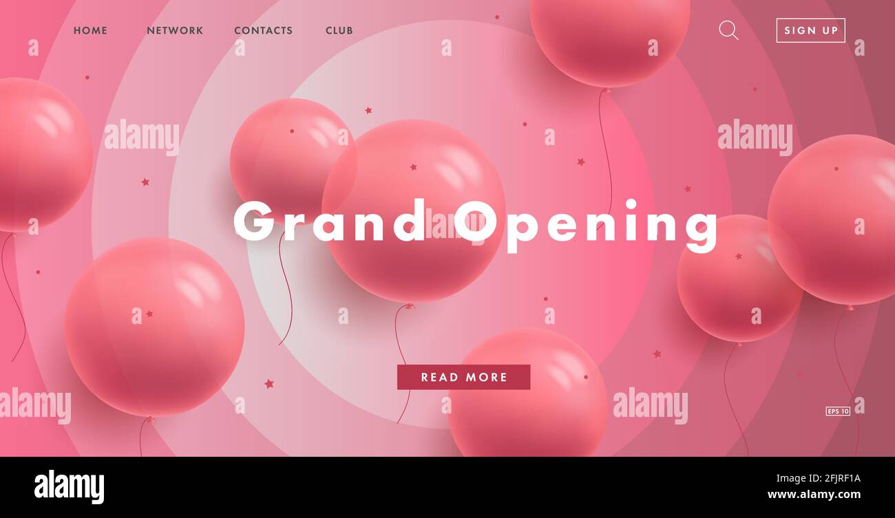 Banner Web rosa girlish pagina di destinazione per negozio di caramelle grande apertura con balloni rotondi rosa e interfaccia su rosa sfondo cerchiato Illustrazione Vettoriale