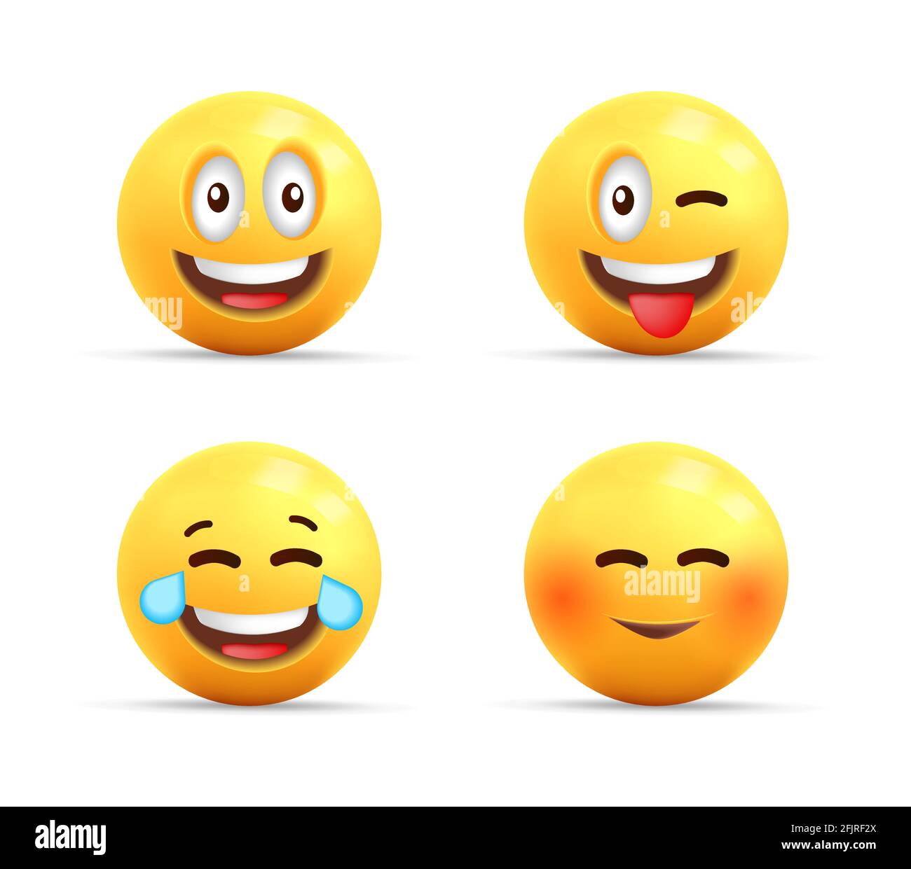 Faccina sorridente icone 3d o simboli gialli con espressioni felici, personaggi sferici ridendo, timidi e con lingua impostata Illustrazione Vettoriale