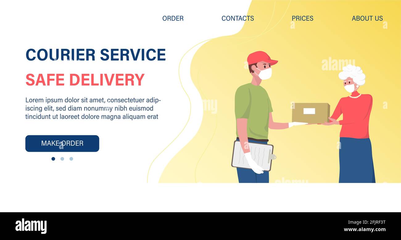 Cibo, tazze, merci per servizio in linea di consegna degli anziani. Pacchetti per il trasporto del deliveryman con prodotti ordinati. Supporto sociale per il pensionamento. Coronavirus Illustrazione Vettoriale