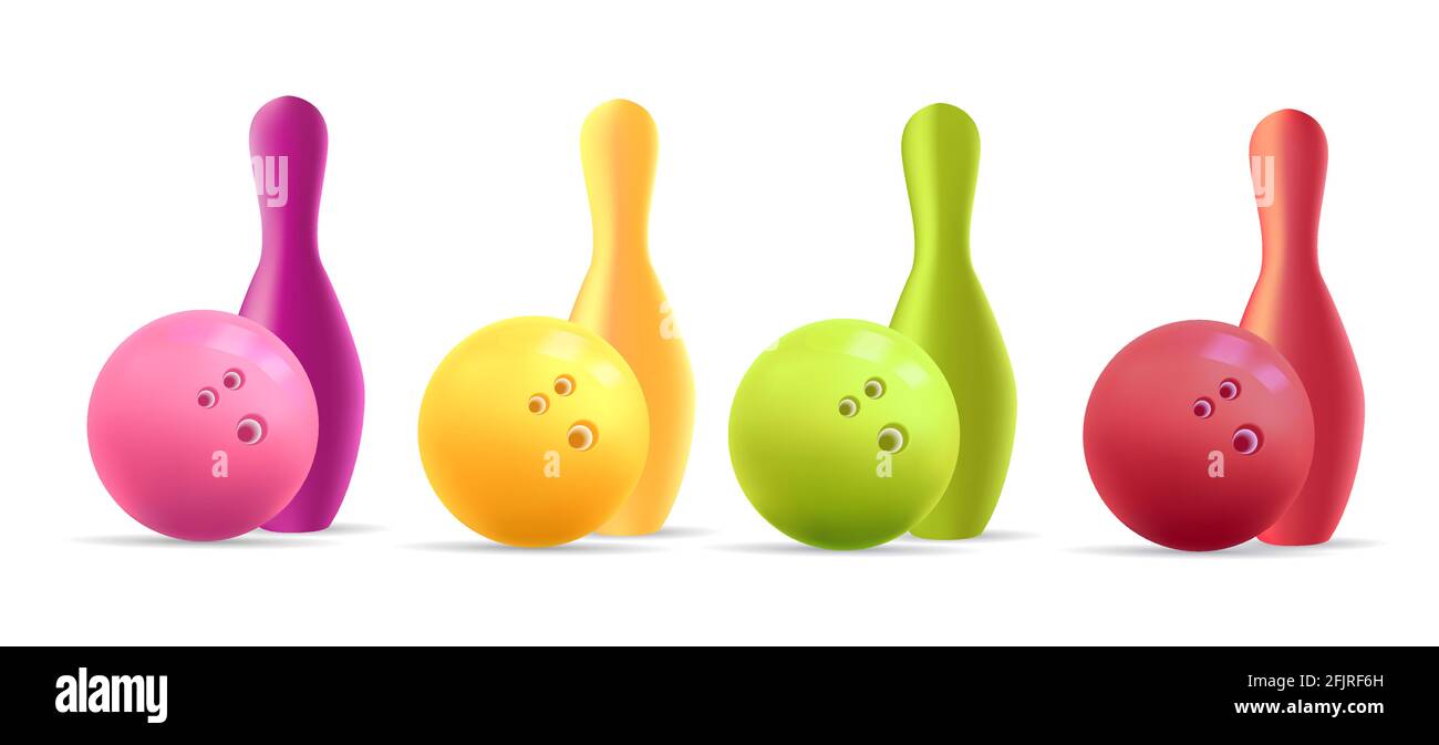 Set di Bowling ball e un pin in diversi colori brillanti ed eleganti, grafica 3d moderna in plastica monocromatica Illustrazione Vettoriale