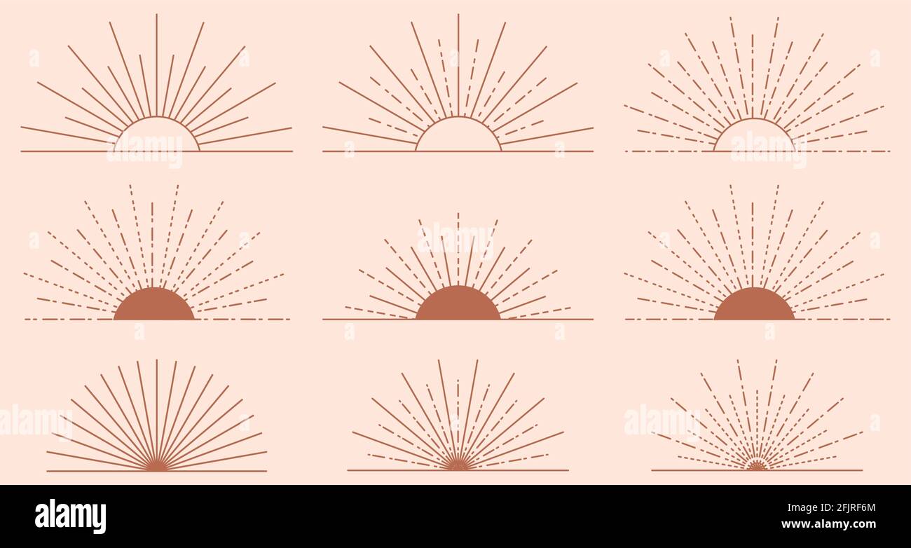 Insieme di icone e simboli del sole in stile boho lineare. Elementi di progettazione vettoriale per social media, logotipo aziendale, industria della moda Illustrazione Vettoriale