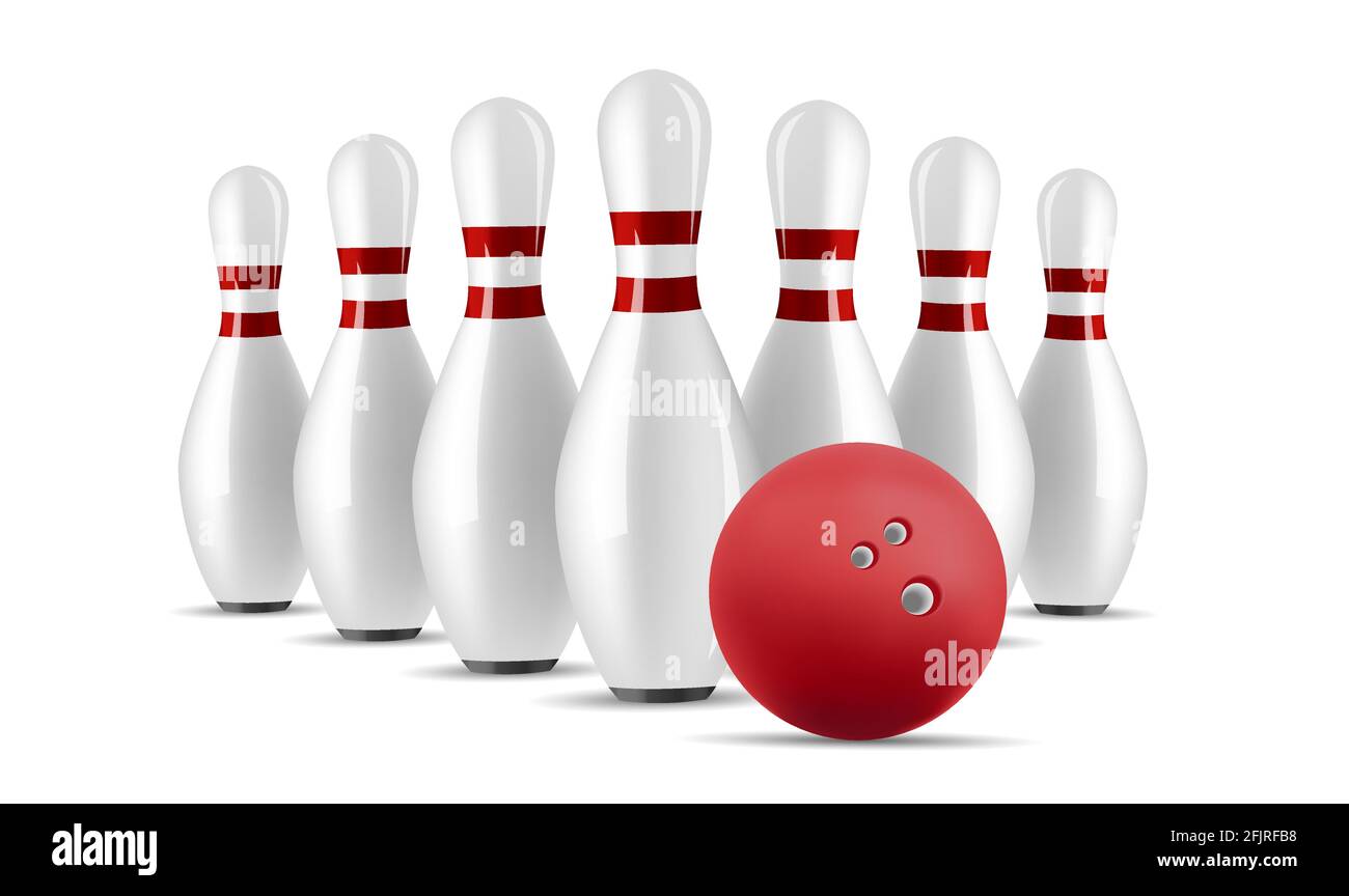 Bowling, pista bianca con strisce rosse e pallina rossa, gioco classico Illustrazione Vettoriale