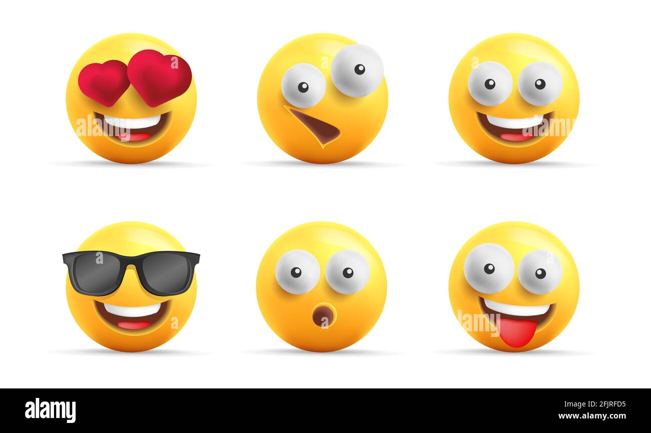Smiley faccia 3d icone o giallo emoties con espressioni felici, sferici personaggi ridere, in amore e fresco in occhiali da sole Illustrazione Vettoriale