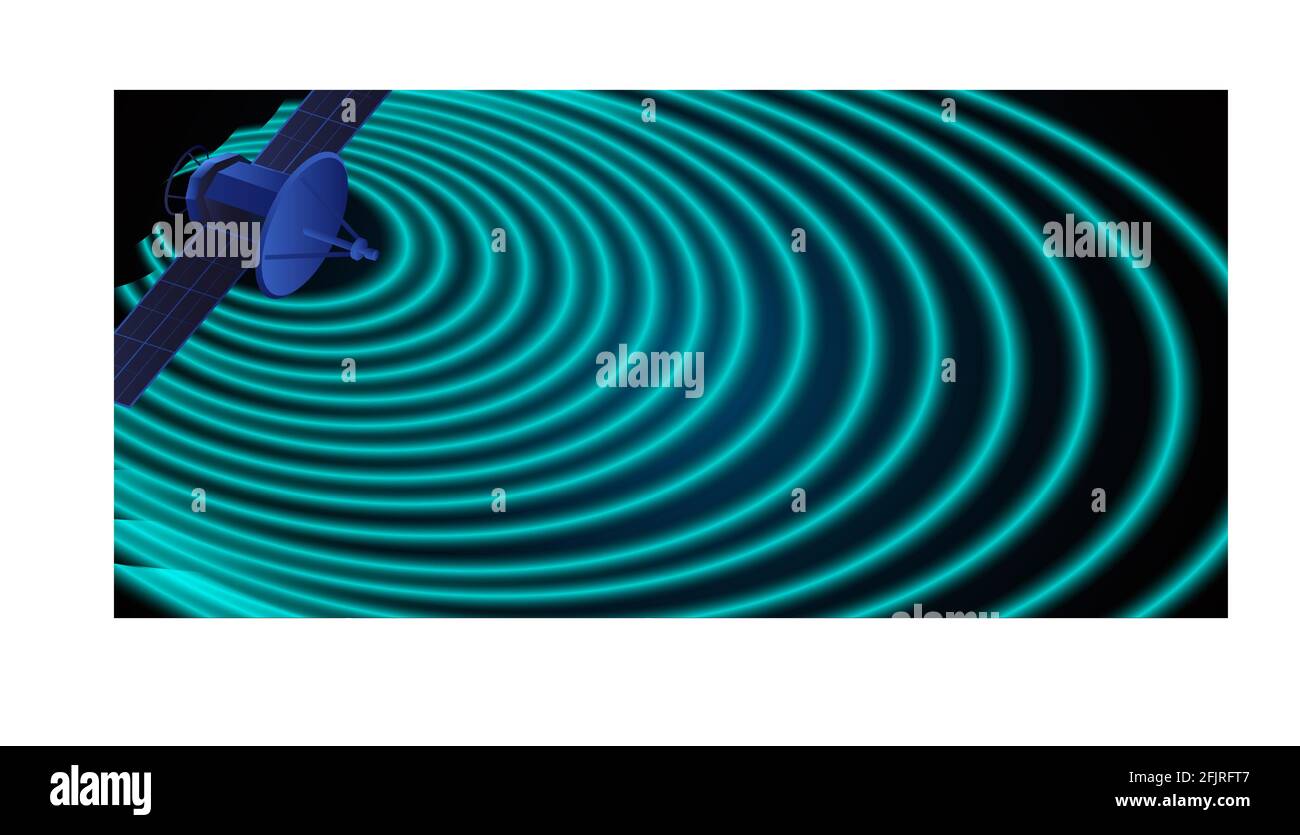 Sfondo con satellite sull'angolo e segnale a onde arrotondate si stende da essa formando una texture blu incandescente Illustrazione Vettoriale