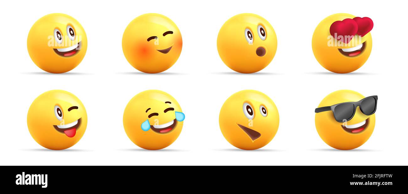 Smiley faccia le icone 3d o le emojies gialle con le espressioni felici offerenti, i caratteri sferici loaughing, nell'amore e nel cool Illustrazione Vettoriale
