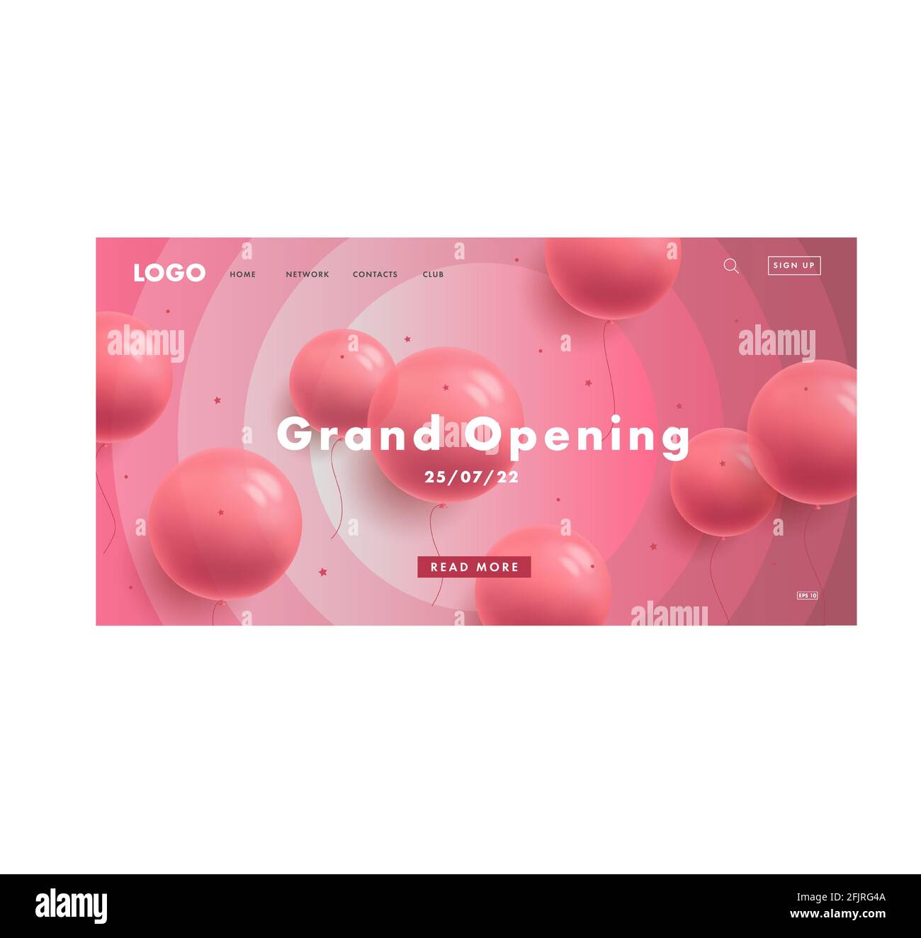 Banner Web rosa girlish pagina di destinazione per negozio di caramelle grande apertura con balloni rotondi rosa e interfaccia Illustrazione Vettoriale