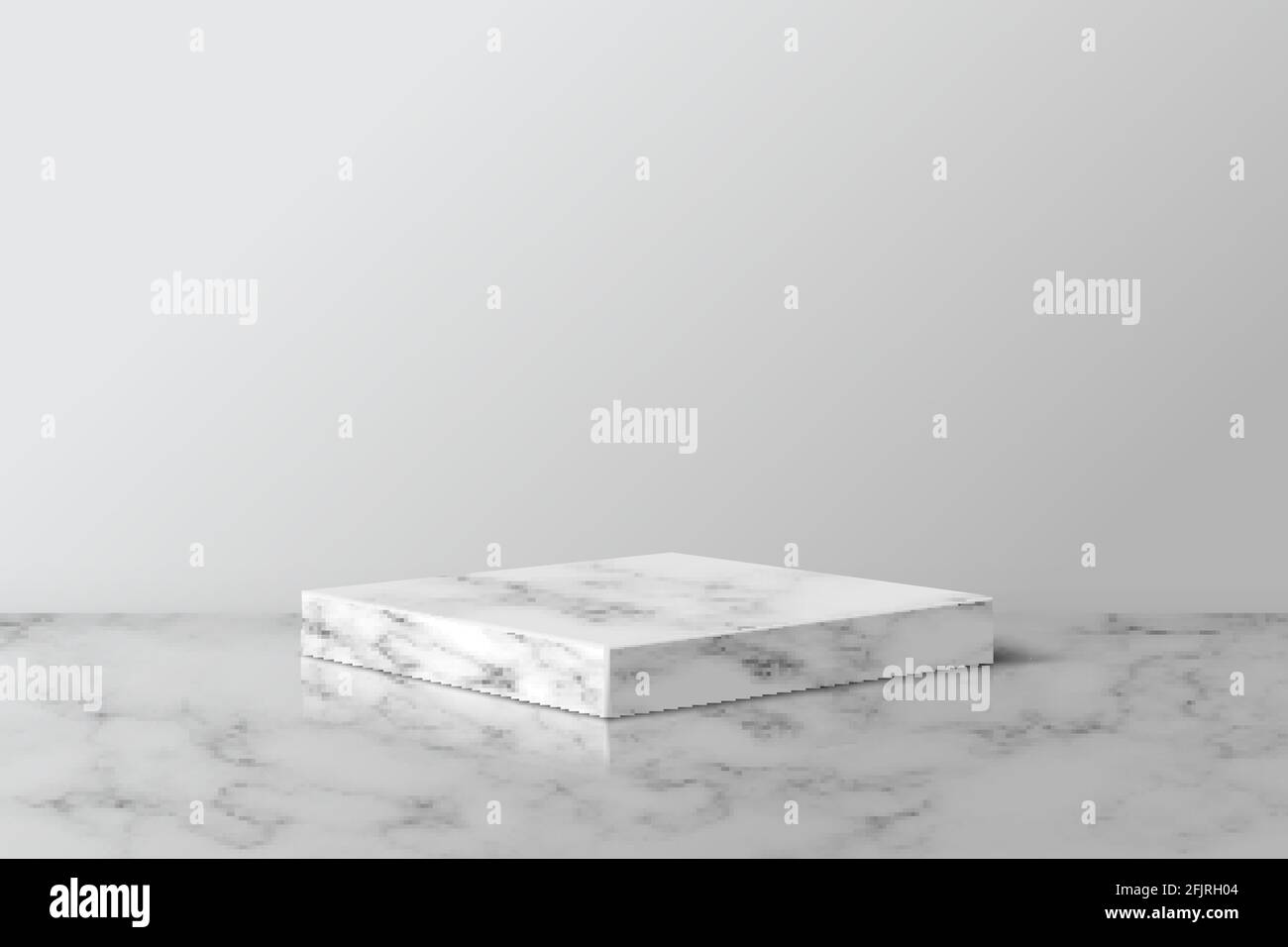Podio quadrato in marmo grigio per prodotto. piedistallo 3d in figura vettoriale con motivo a pietra. Palco geometrico sul pavimento in camera. Astratto luogo realistico fo Illustrazione Vettoriale