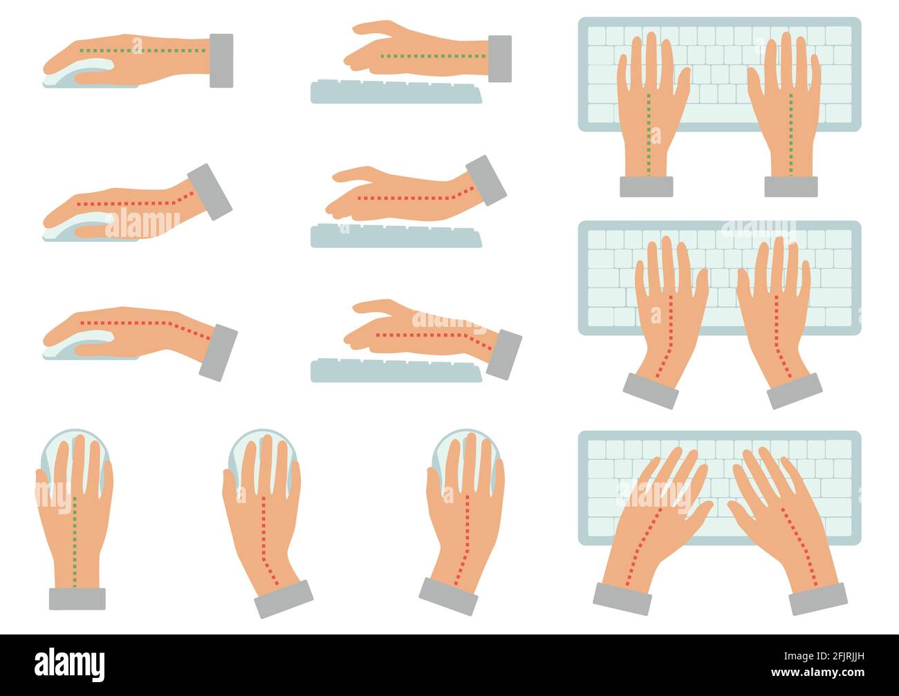 illustrazione vettoriale della posizione corretta e non corretta della mano per l'uso tastiera e tenendo premuto il mouse Illustrazione Vettoriale