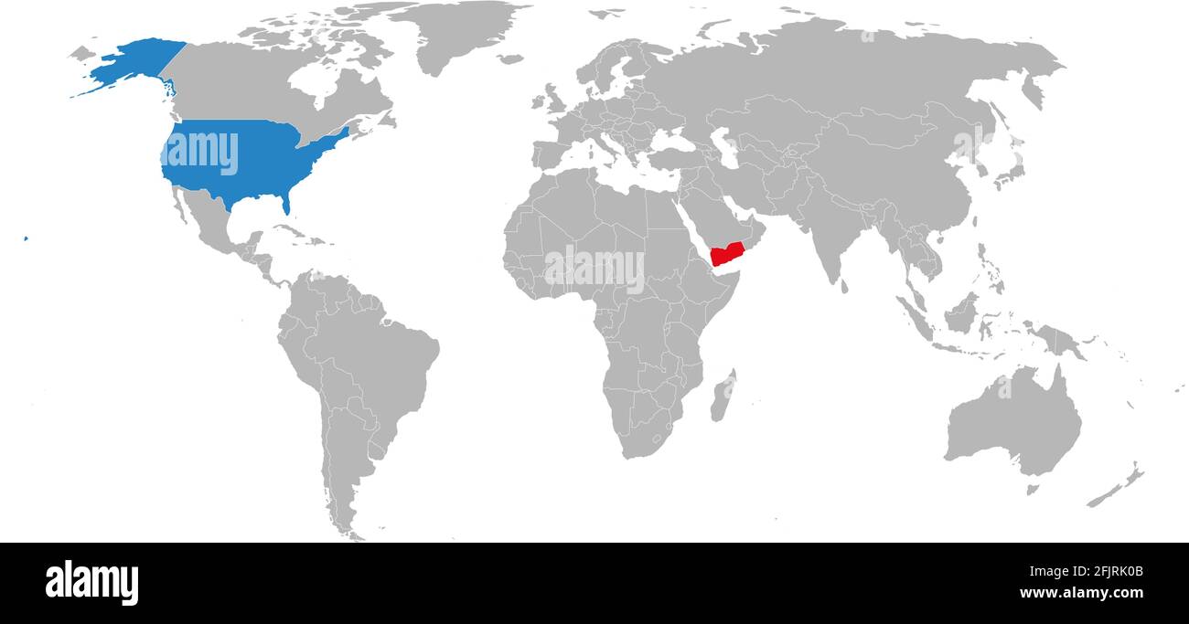 Yemen, Stati Uniti, paesi isolati sulla mappa del mondo. Mappe geografiche e carte. Illustrazione Vettoriale
