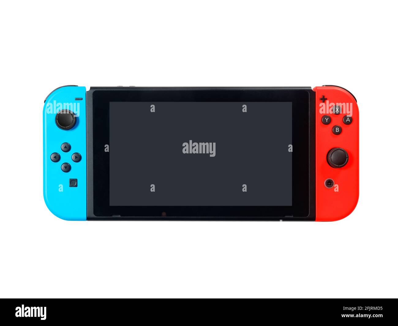 Milano, Italia-Marzo 2021: Vista di Nintendo Switch Game Console vista frontale schermo vuoto isolato su bianco. Ideale per divertirsi con amici e familiari. Foto Stock