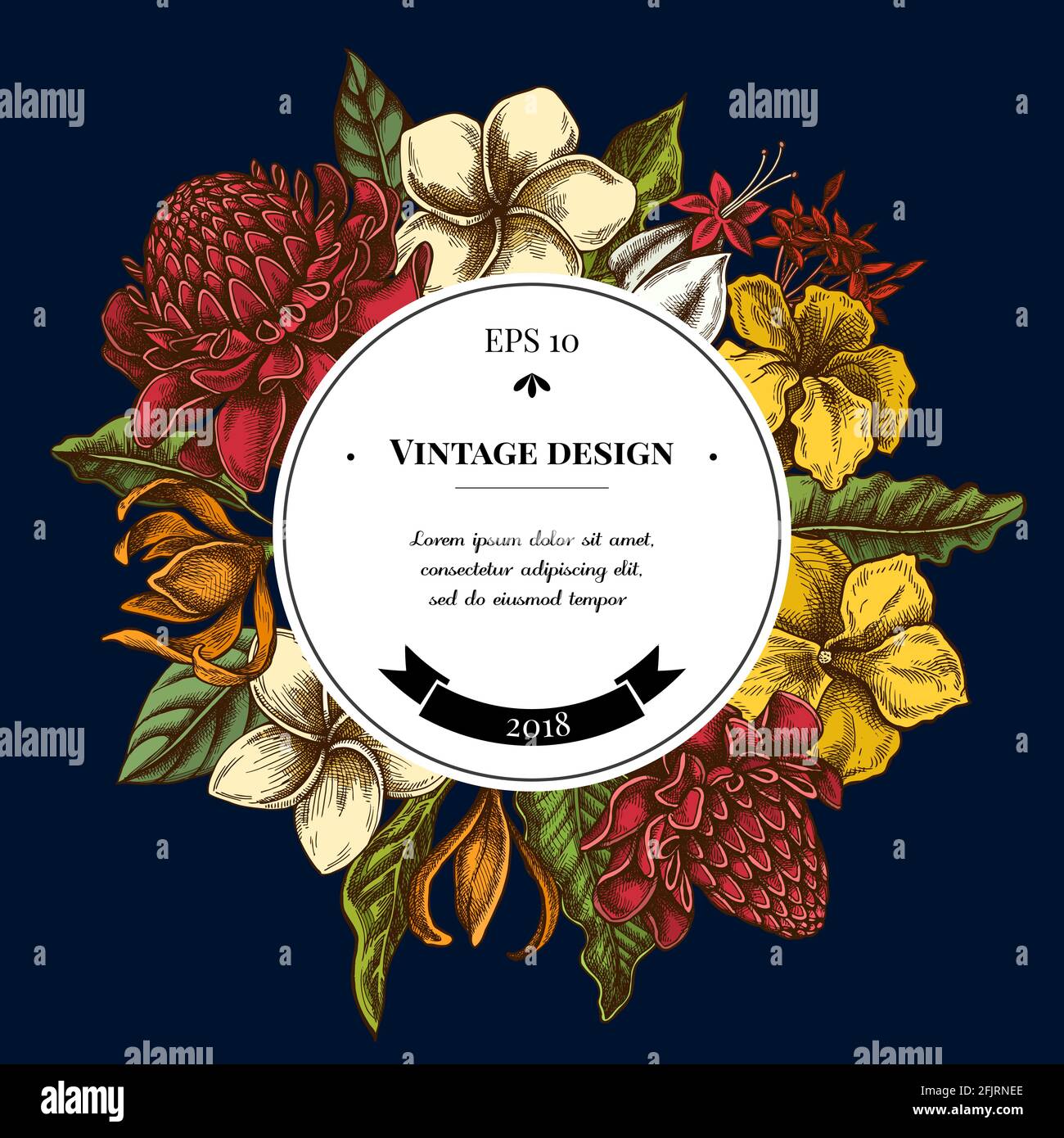 Badge sopra il design con plumeria, allamanda, clerodendrum, champak, etlingera, ixora Illustrazione Vettoriale